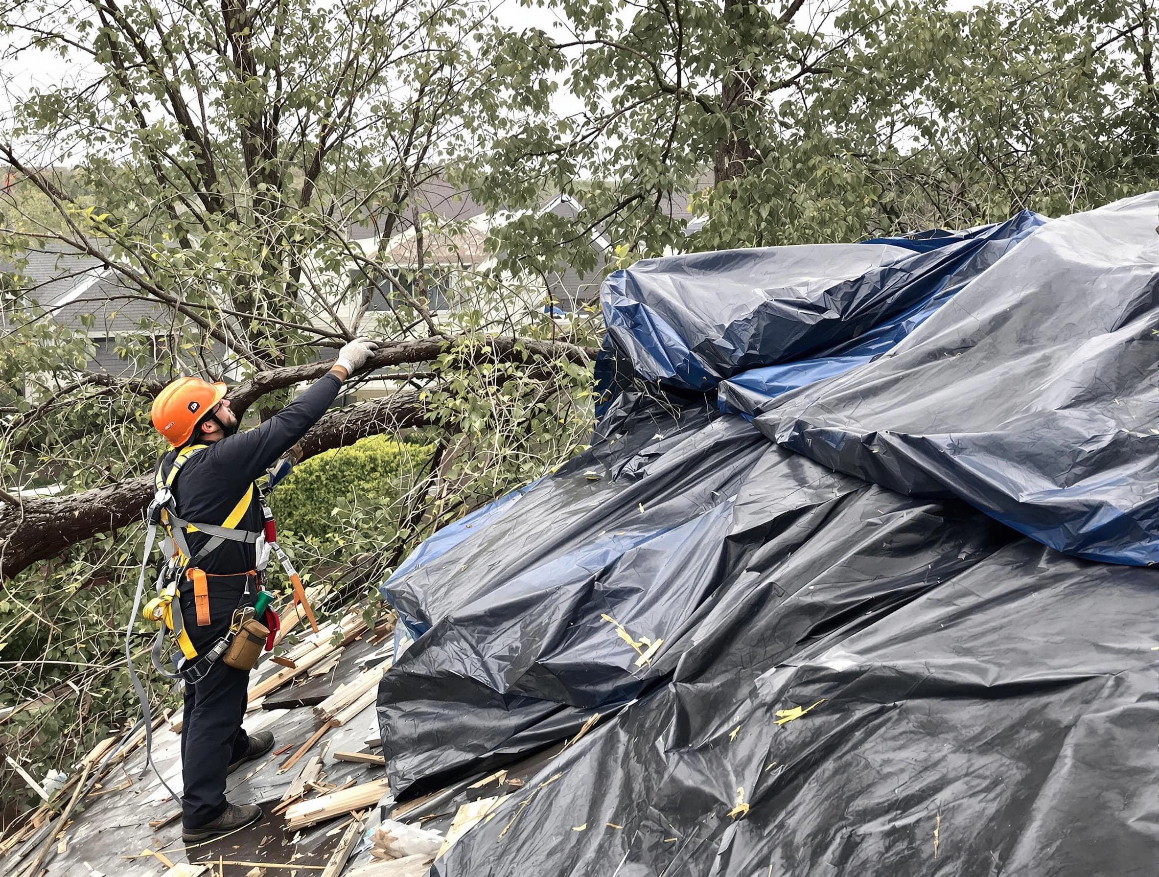 A tarped roof after storm damage repaired by Brook Park Roofing Company in Brook Park, OH