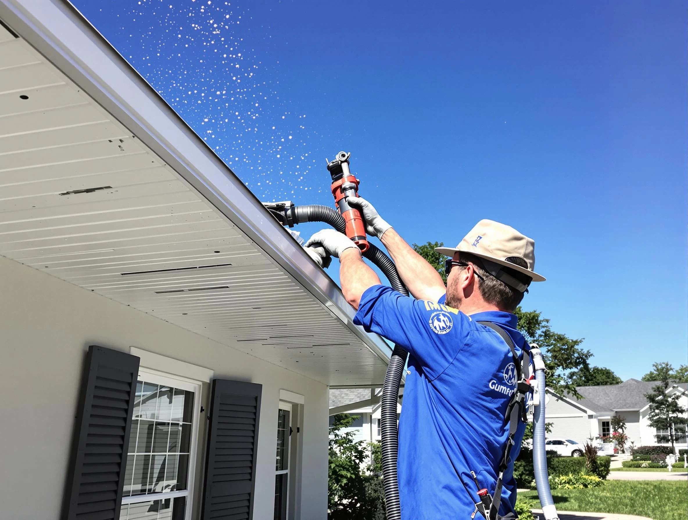 Technician completing a gutter cleaning project by Brook Park Roofing Company in Brook Park, OH