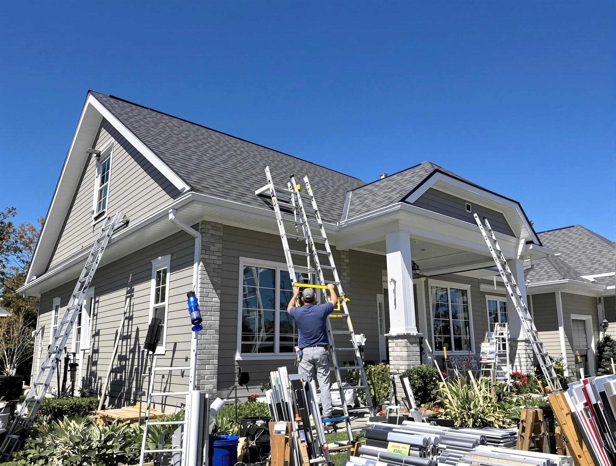Brook Park Roofing Company fitting rain gutters at a home in Brook Park, OH
